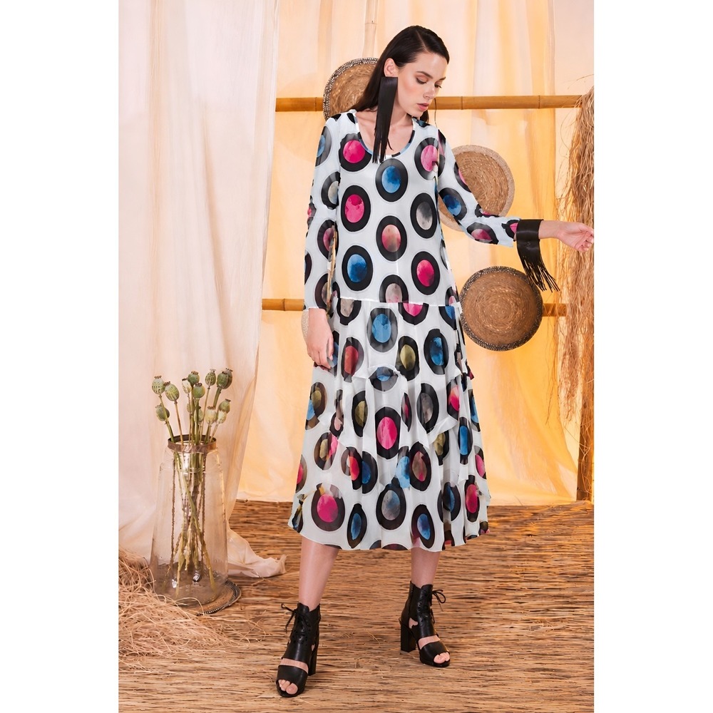 NWT Kozan Lori Planets Drop Waist Dress Mesh Slv XS Art To Wear Whimsical Boho‎ - Picture 2 of 16